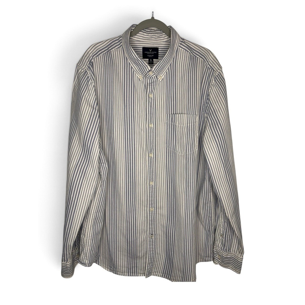 American Eagle Men's XXL Seriously Soft Blue Striped Cotton Button Down Shirt